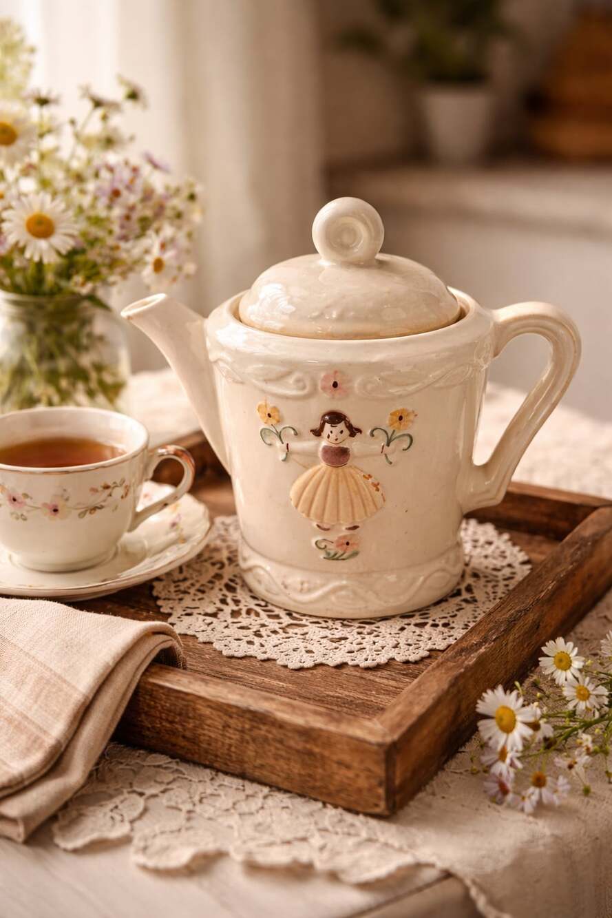 Vintage Porcelier Vitreous China Girl with Flowers Hand Painted Teapot